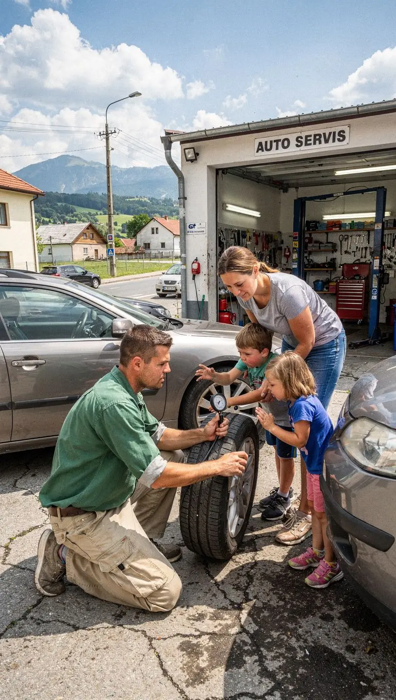 Mechanik vykonáva vizuálnu kontrolu svetlometov a osvetlenia pred emisnou kontrolou.